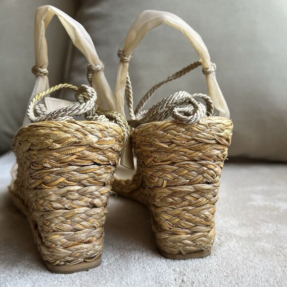 Stuart Weitzman Cream Organza Mesh Wedge Heel Sandals Women 7 Ankle Strap Laces - Picture 12 of 16